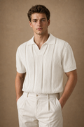 Positano Textured Knit Polo in Ivory on model — front pose