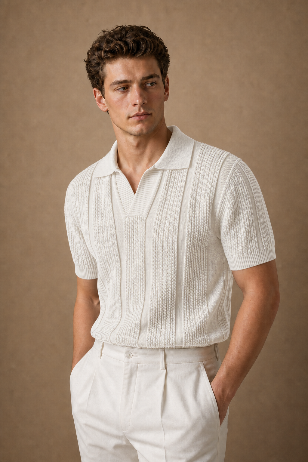 Positano Textured Knit Polo in Ivory on model — alternate pose