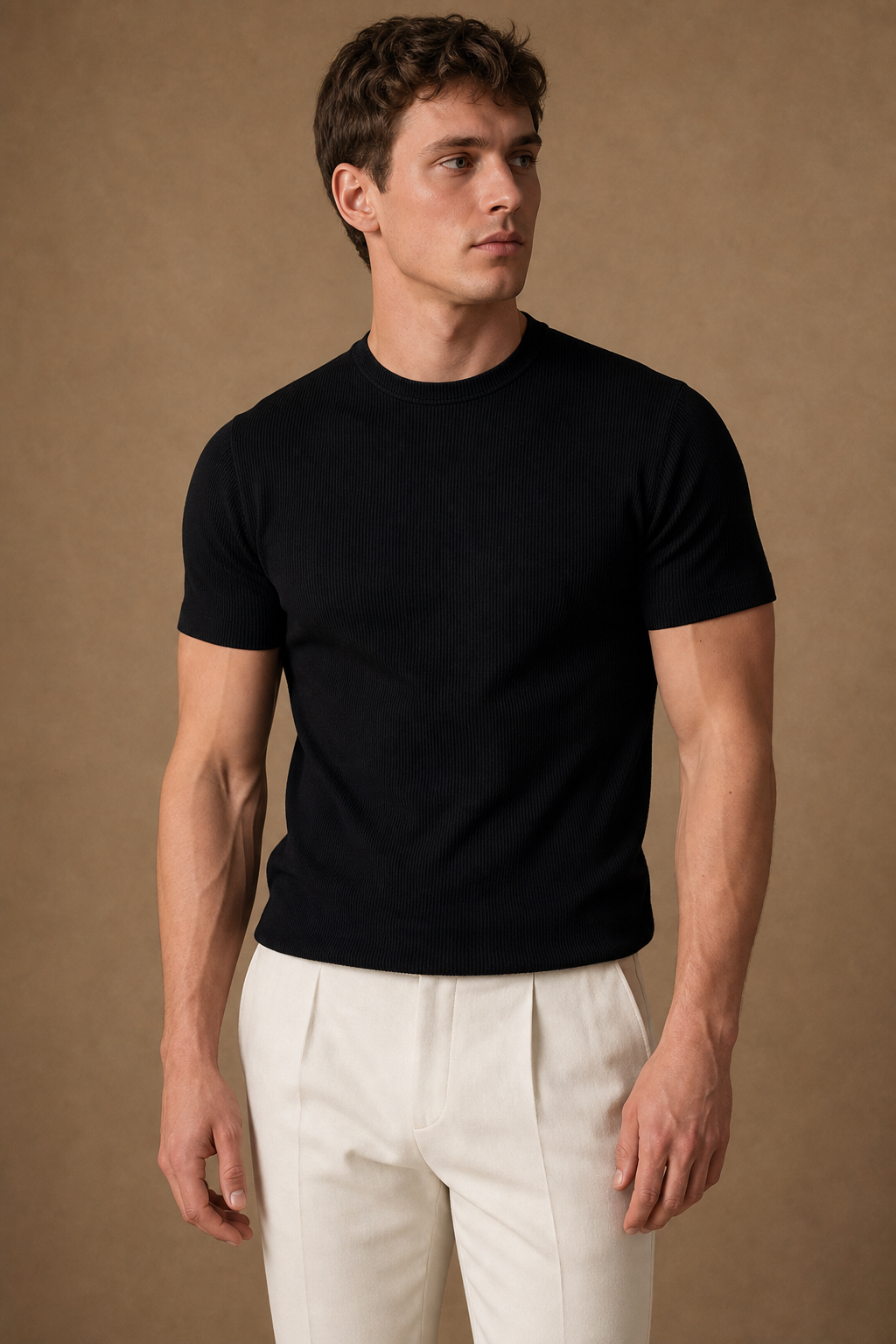 Procida Ribbed T-Shirt in Black on model — front pose