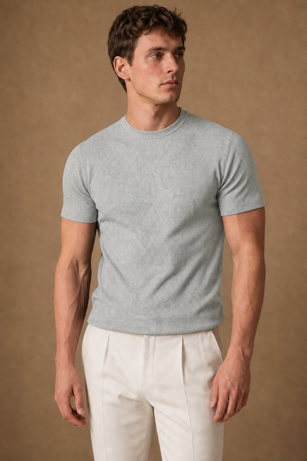 Procida Ribbed T-Shirt in Light Grey on model — front pose
