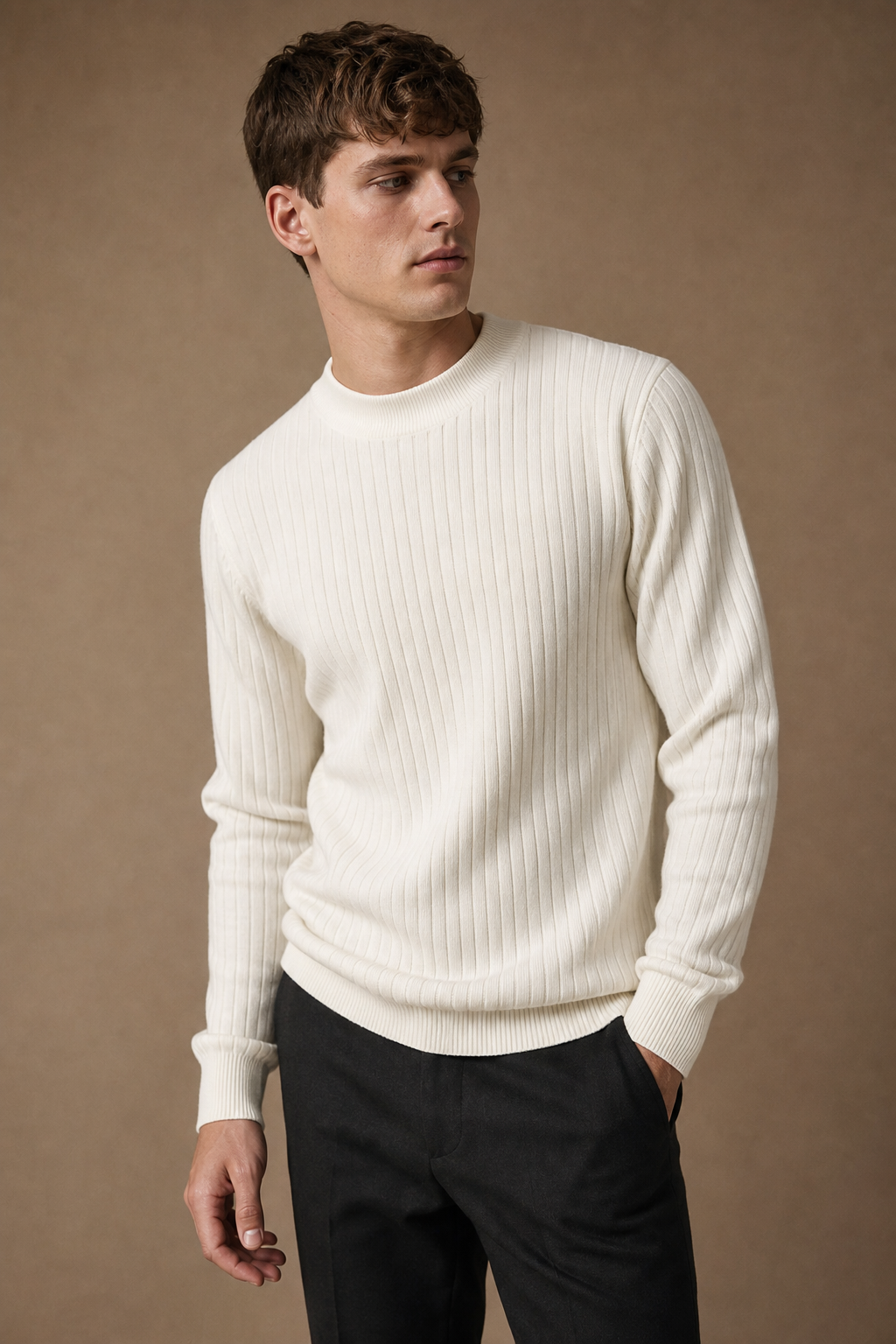 Ravenna Ribbed Sweater in Cream on model — front pose