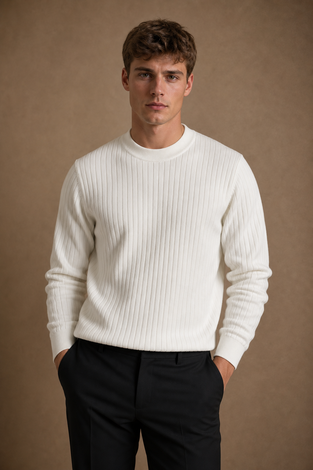 Ravenna Ribbed Sweater in Cream on model — alternate pose