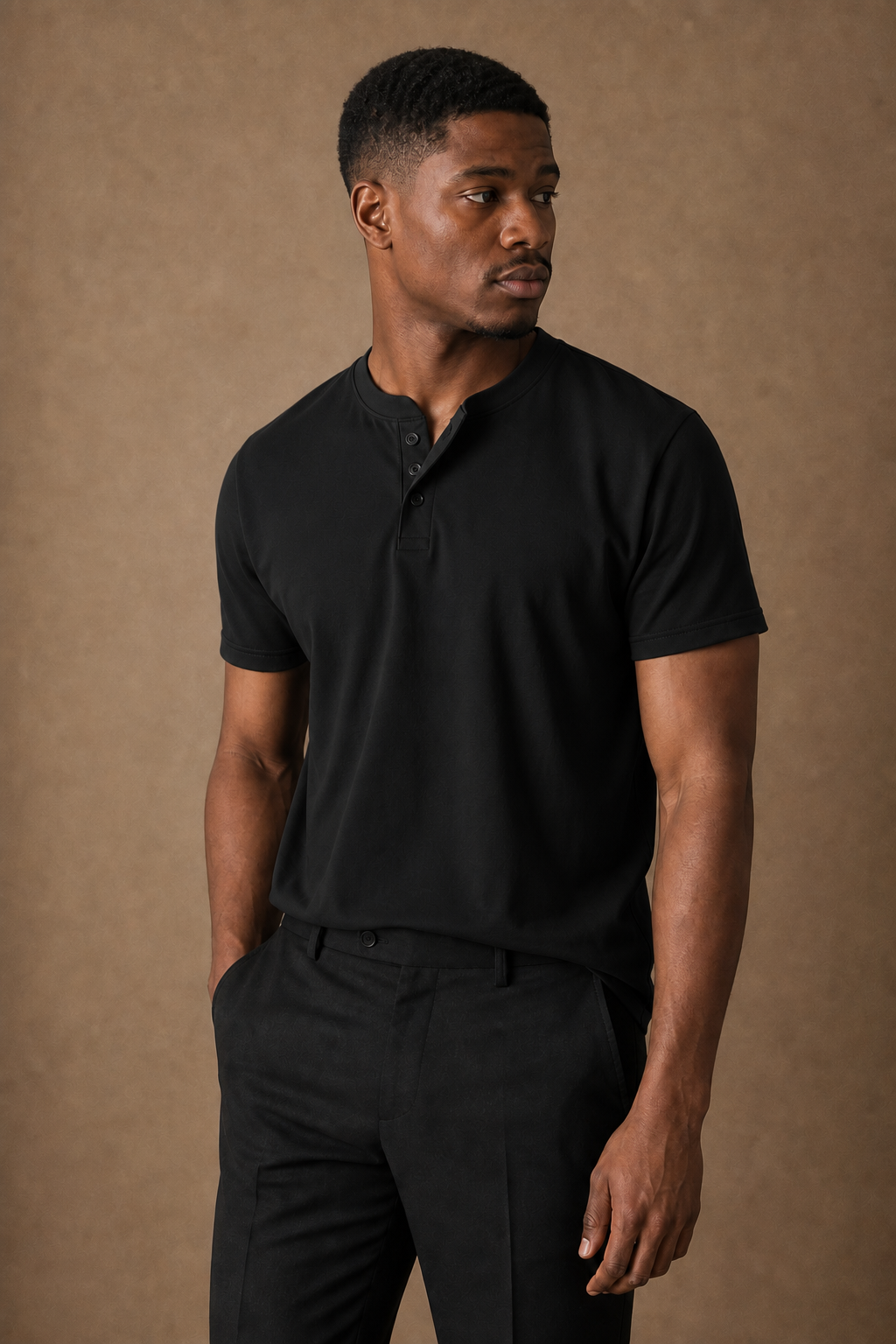 Renzo Henley T-Shirt in Black on model — front pose