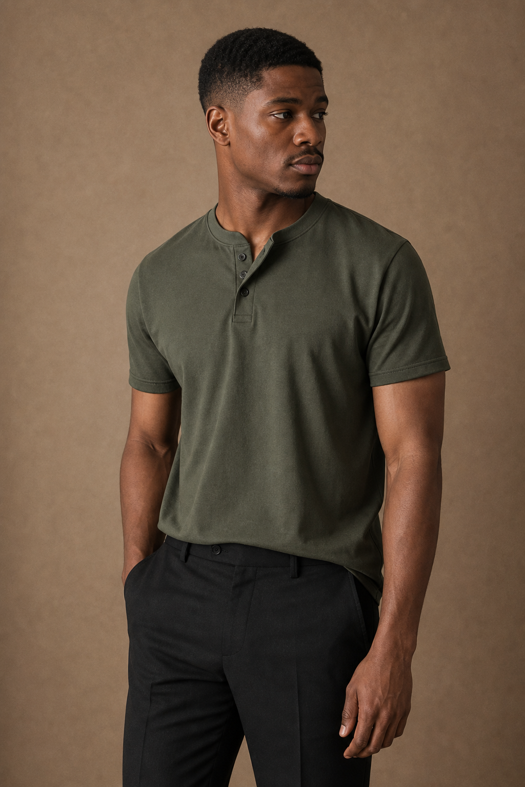 Renzo Henley T-Shirt in Olive on model — front pose