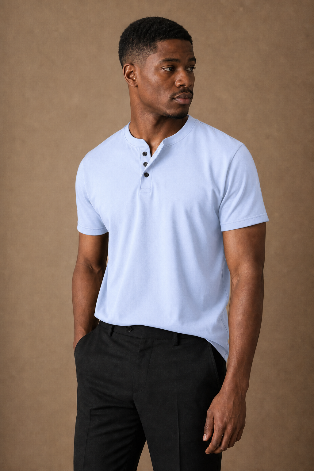 Renzo Henley T-Shirt in Powder Blue on model — front pose