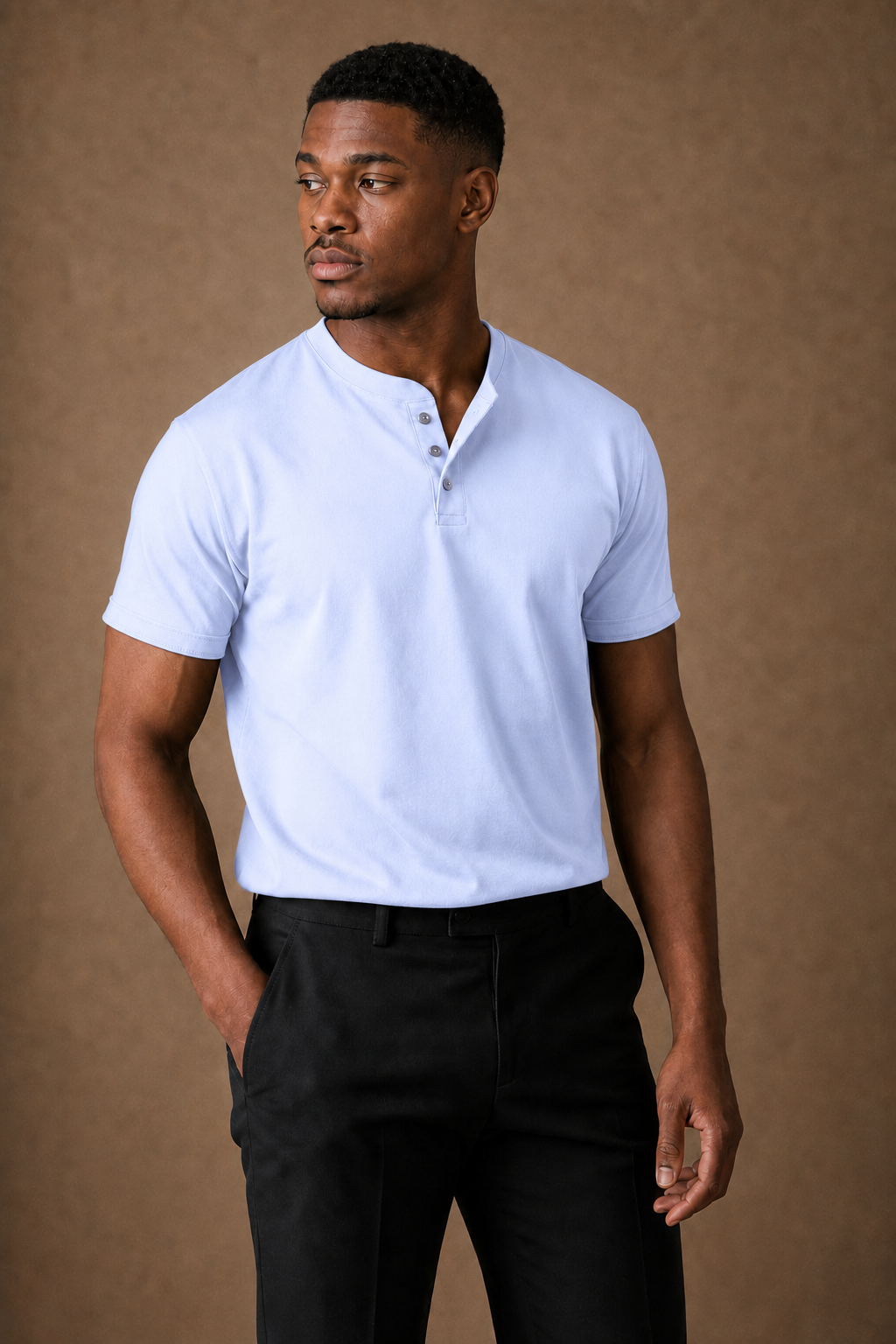 Renzo Henley T-Shirt in Powder Blue on model — alternate pose