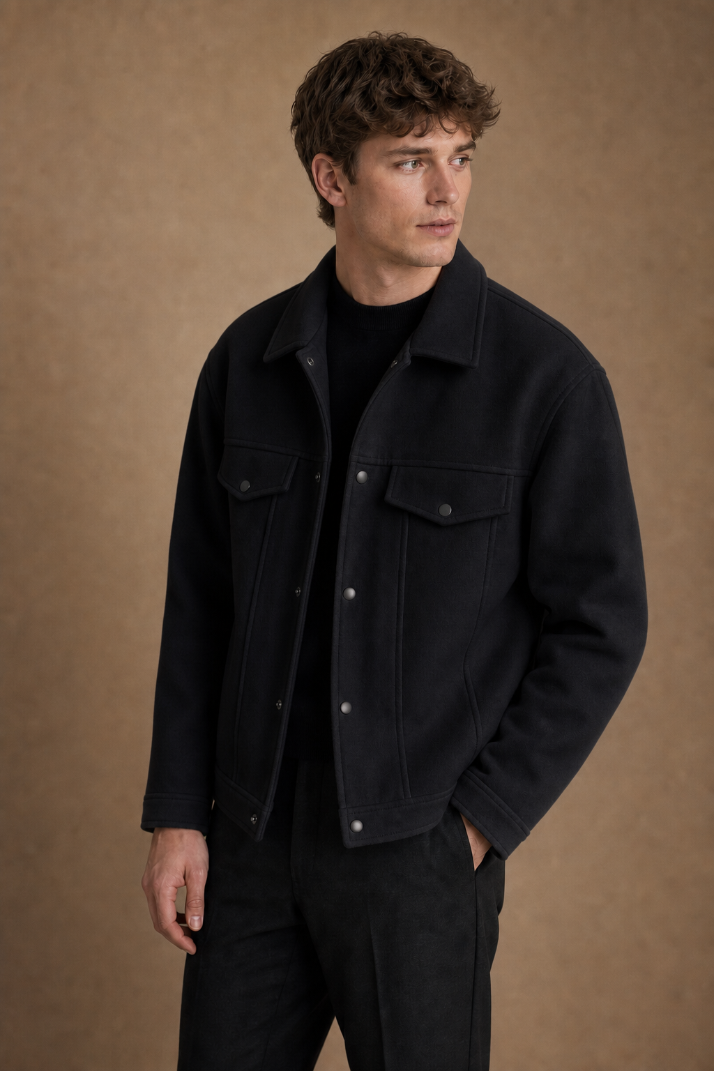 Riva Wool Overshirt in Black on model — front pose