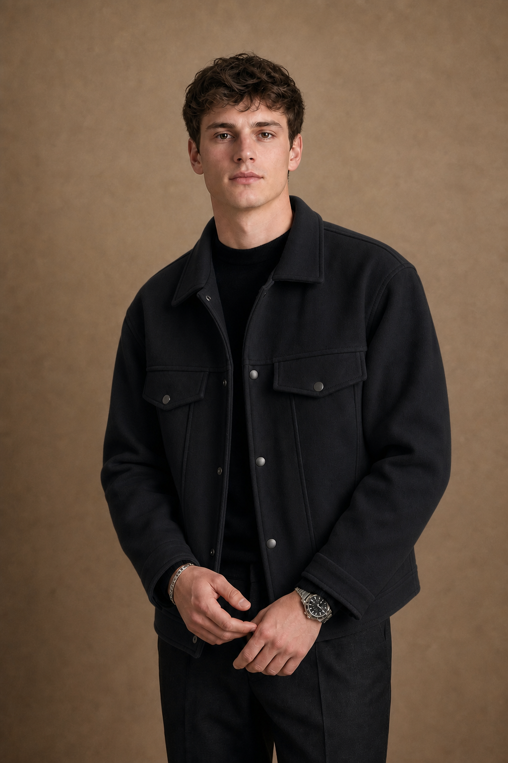 Riva Wool Overshirt in Black on model — alternate pose