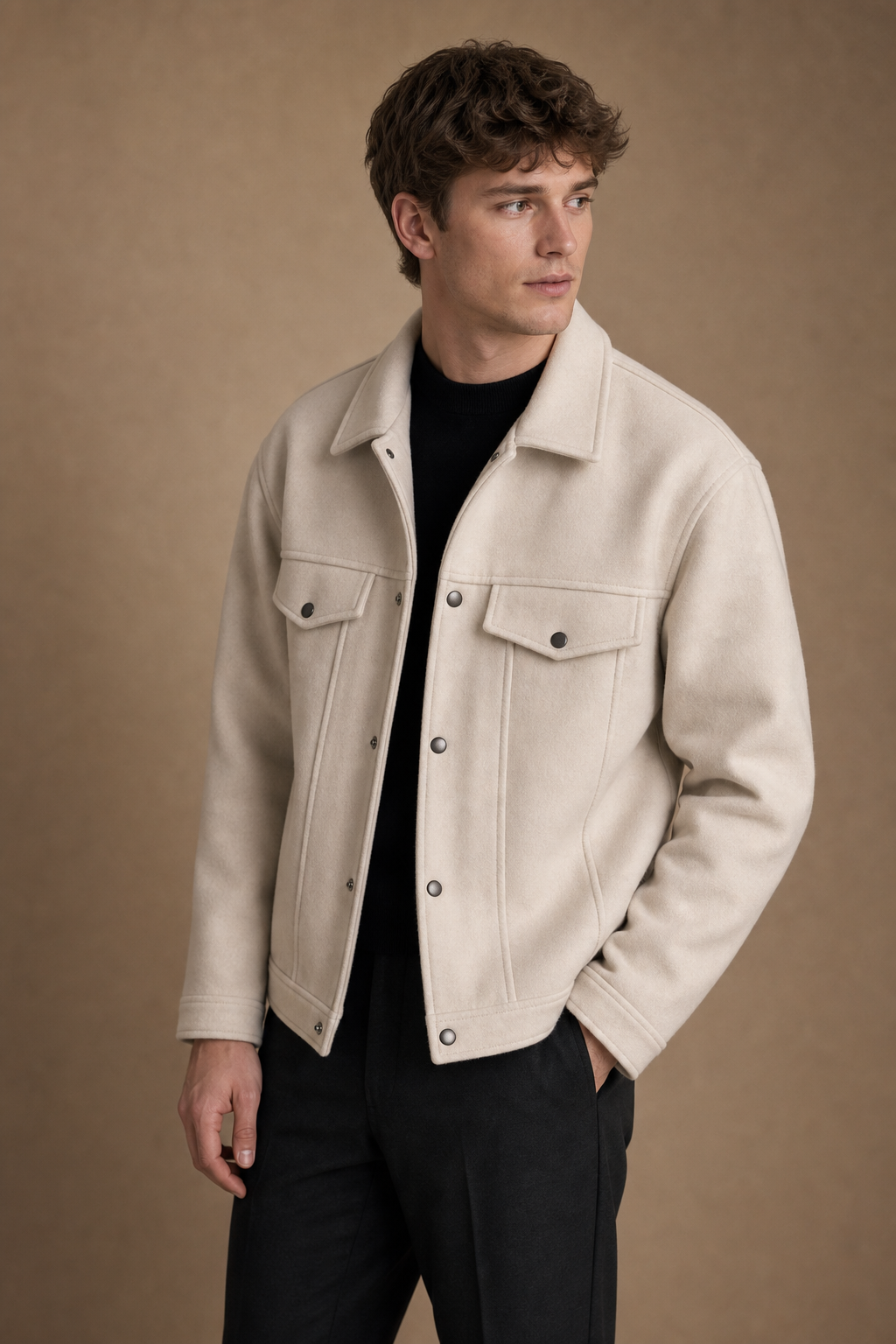 Riva Wool Overshirt in Cream on model — front pose
