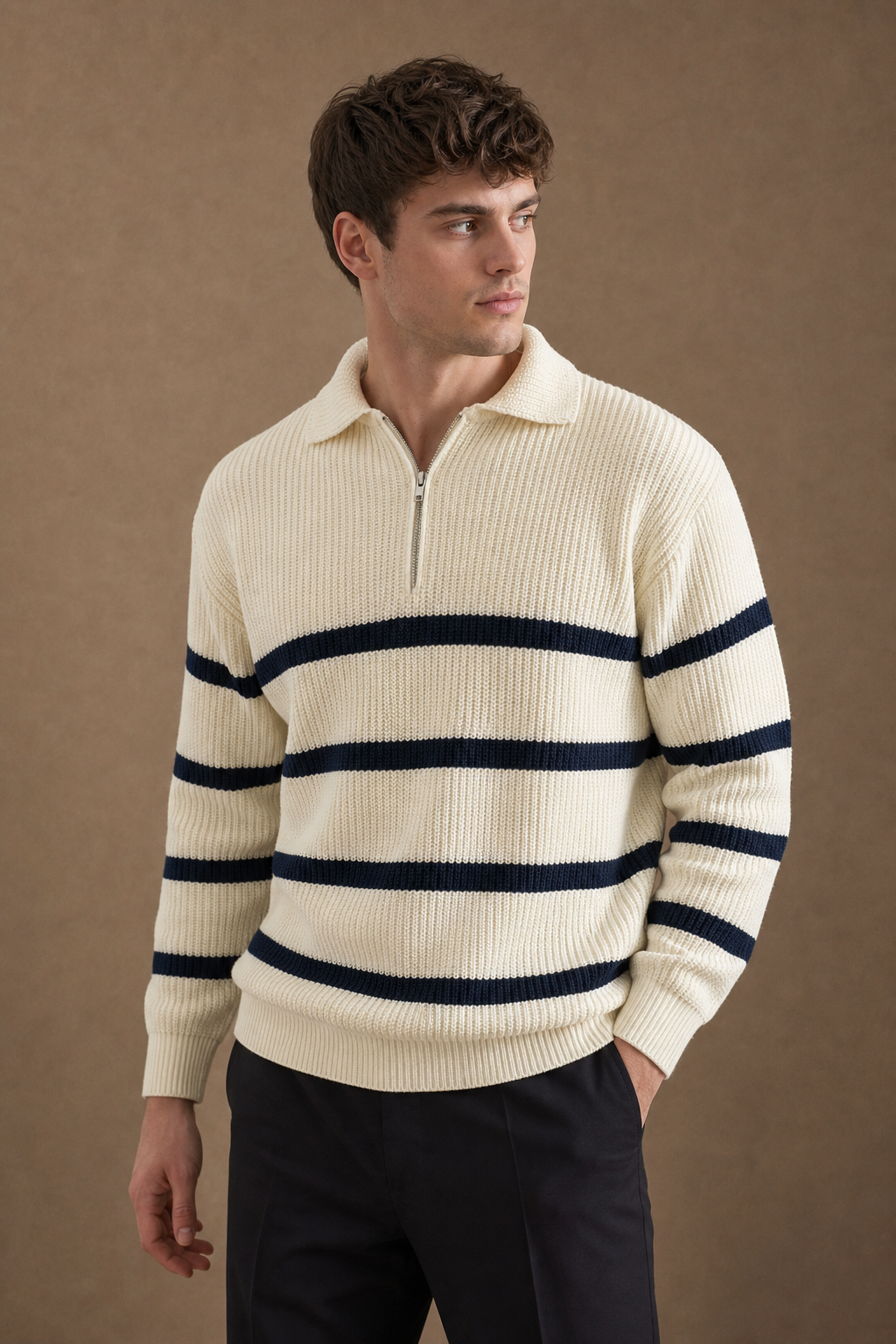 Saint-Tropez Quarter Zip Sweater in Cream on model - alternate pose
