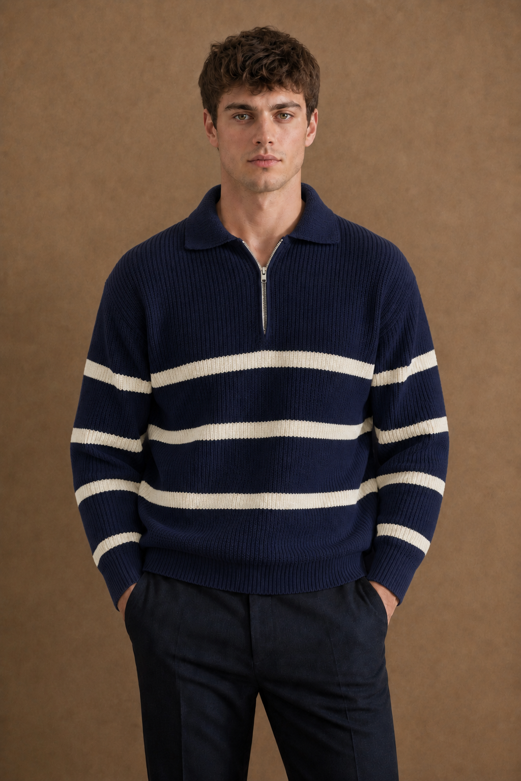 Saint-Tropez Quarter Zip Sweater in Navy on model - front pose
