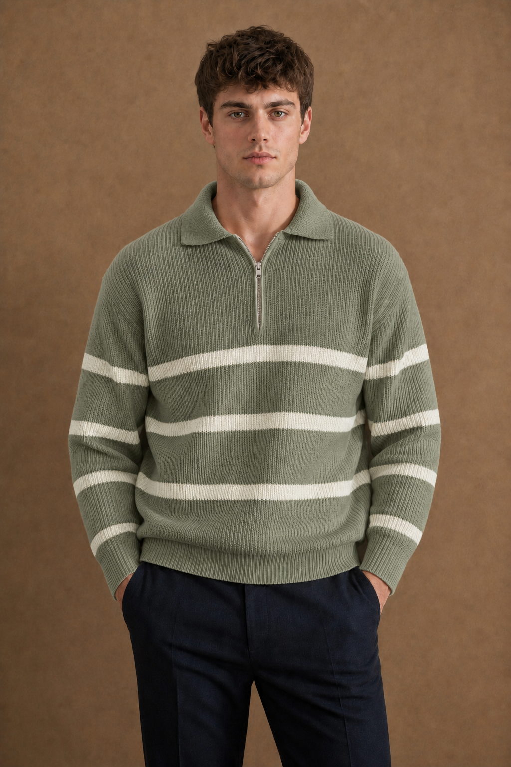 Saint-Tropez Quarter Zip Sweater in Sage on model - front pose