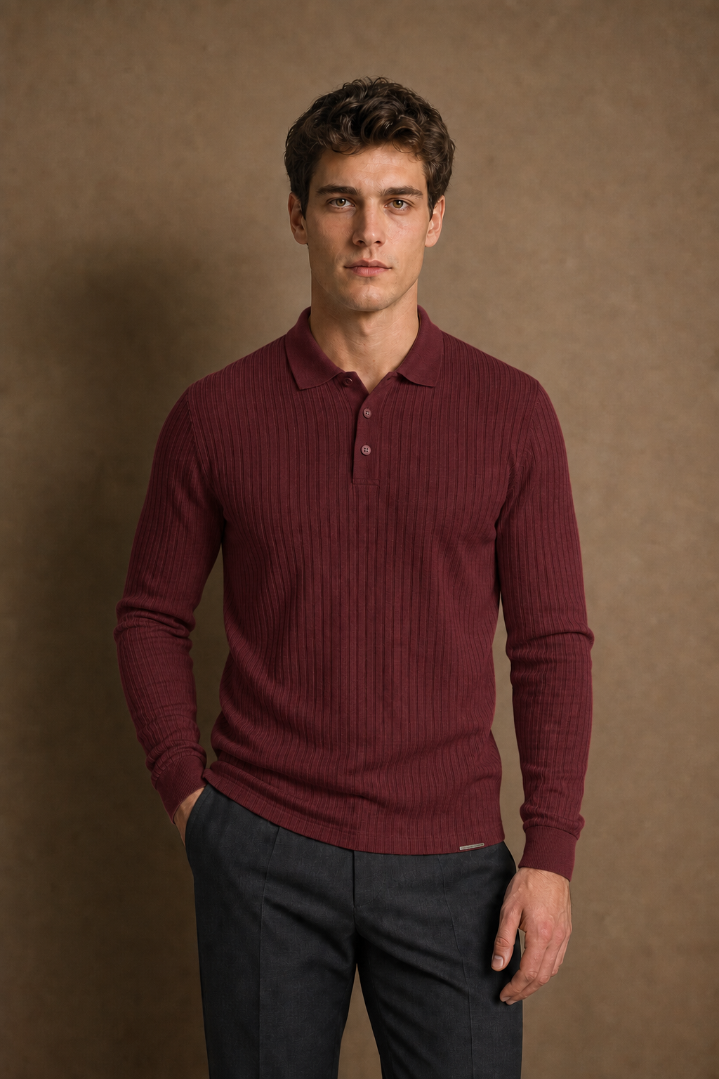 Salina Casual Ribbed Polo Shirt in Burgundy on model — front pose