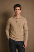 Salina Casual Ribbed Polo Shirt in Camel on model — front pose