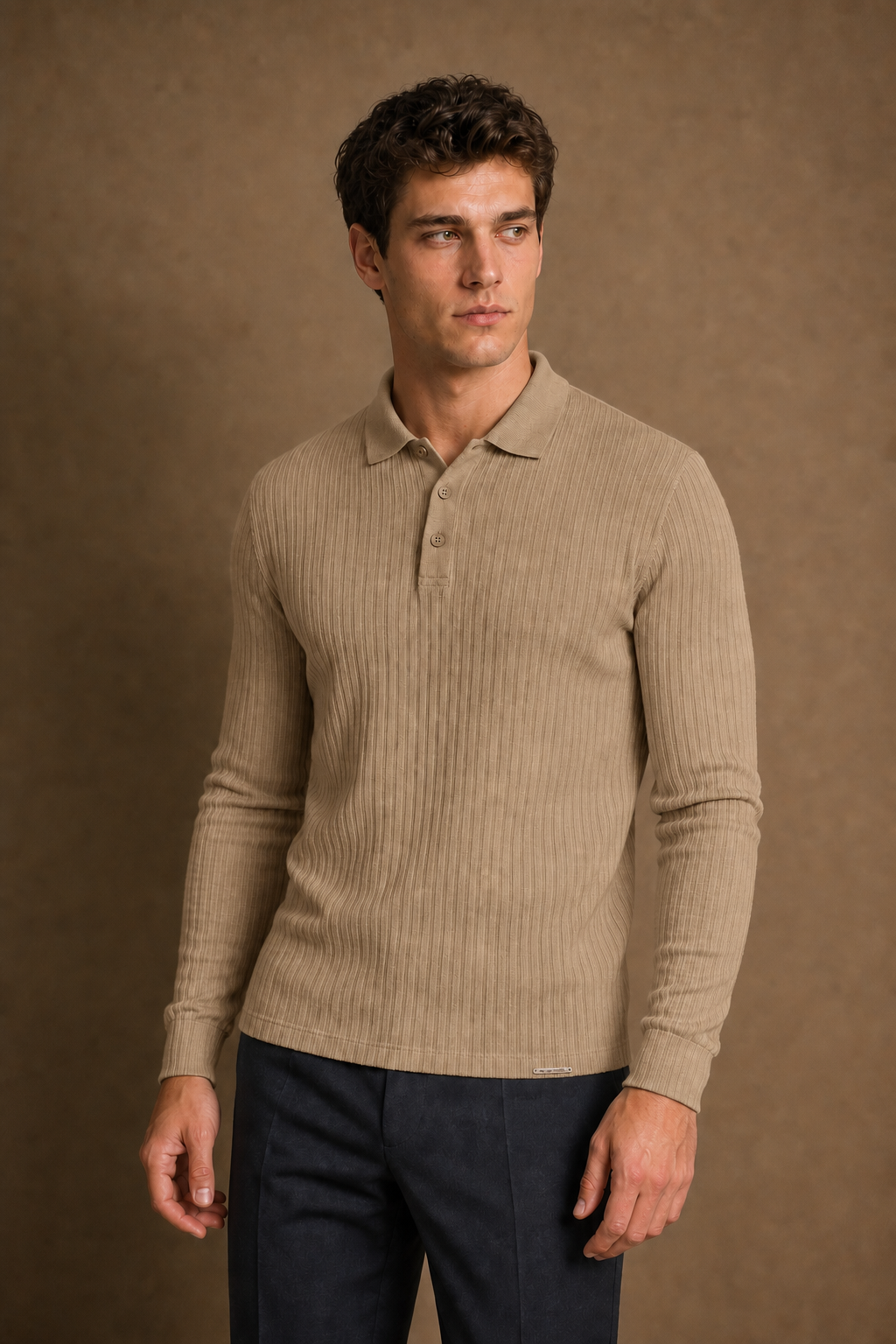 Salina Casual Ribbed Polo Shirt in Camel on model — alternate pose