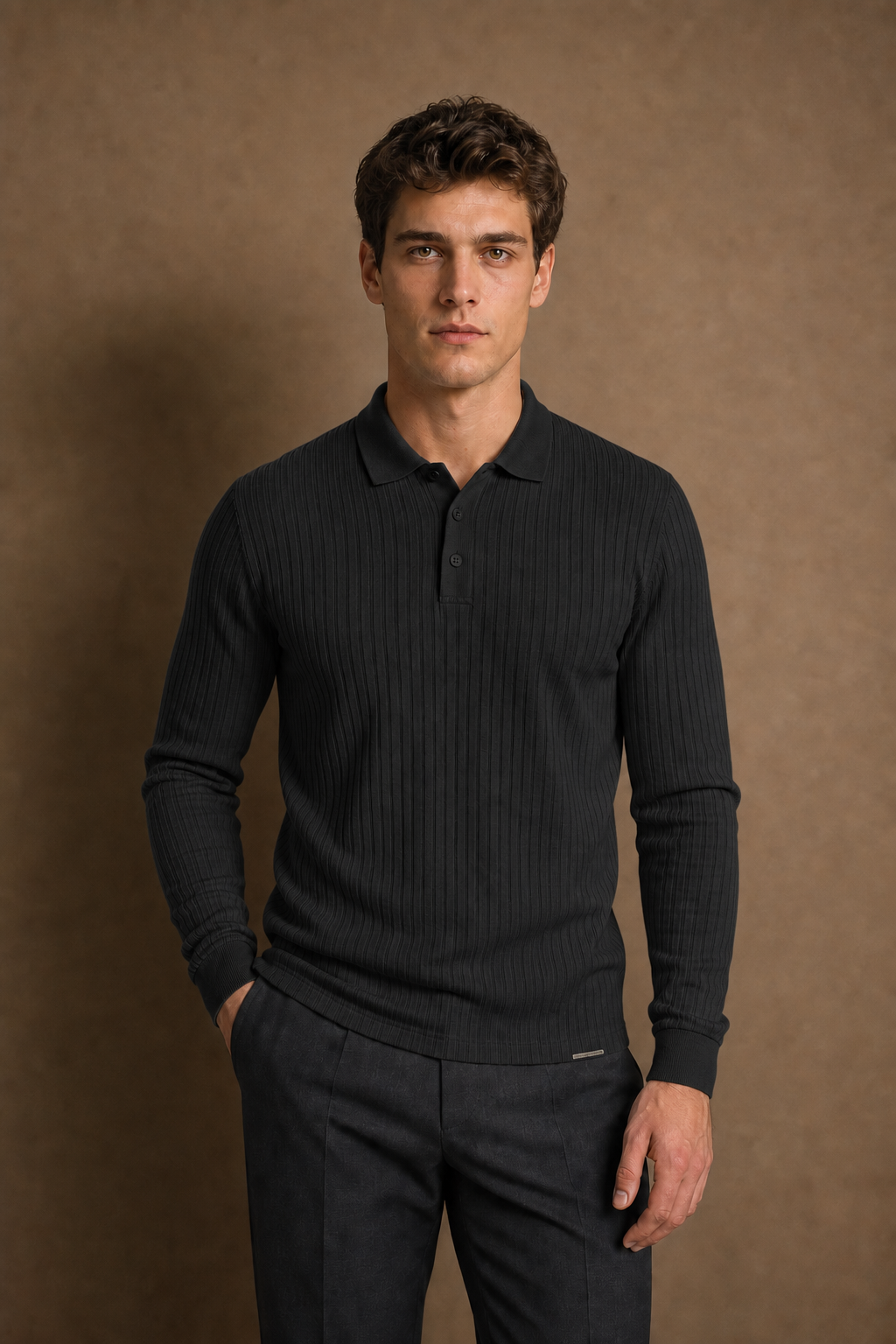 Salina Casual Ribbed Polo Shirt in Charcoal on model — front pose