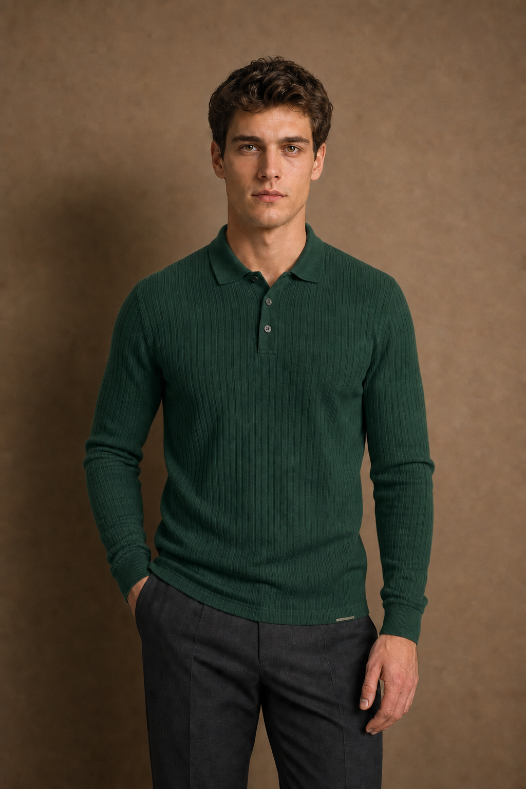Salina Casual Ribbed Polo Shirt in Forest on model — front pose