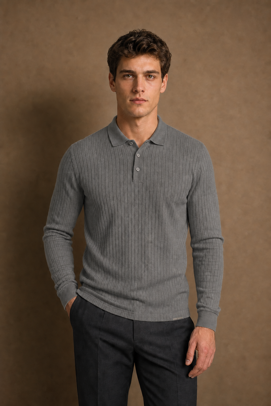 Salina Casual Ribbed Polo Shirt in Grey on model — front pose