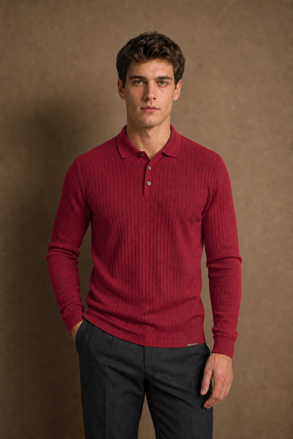 Salina Casual Ribbed Polo Shirt in Wine on model — front pose