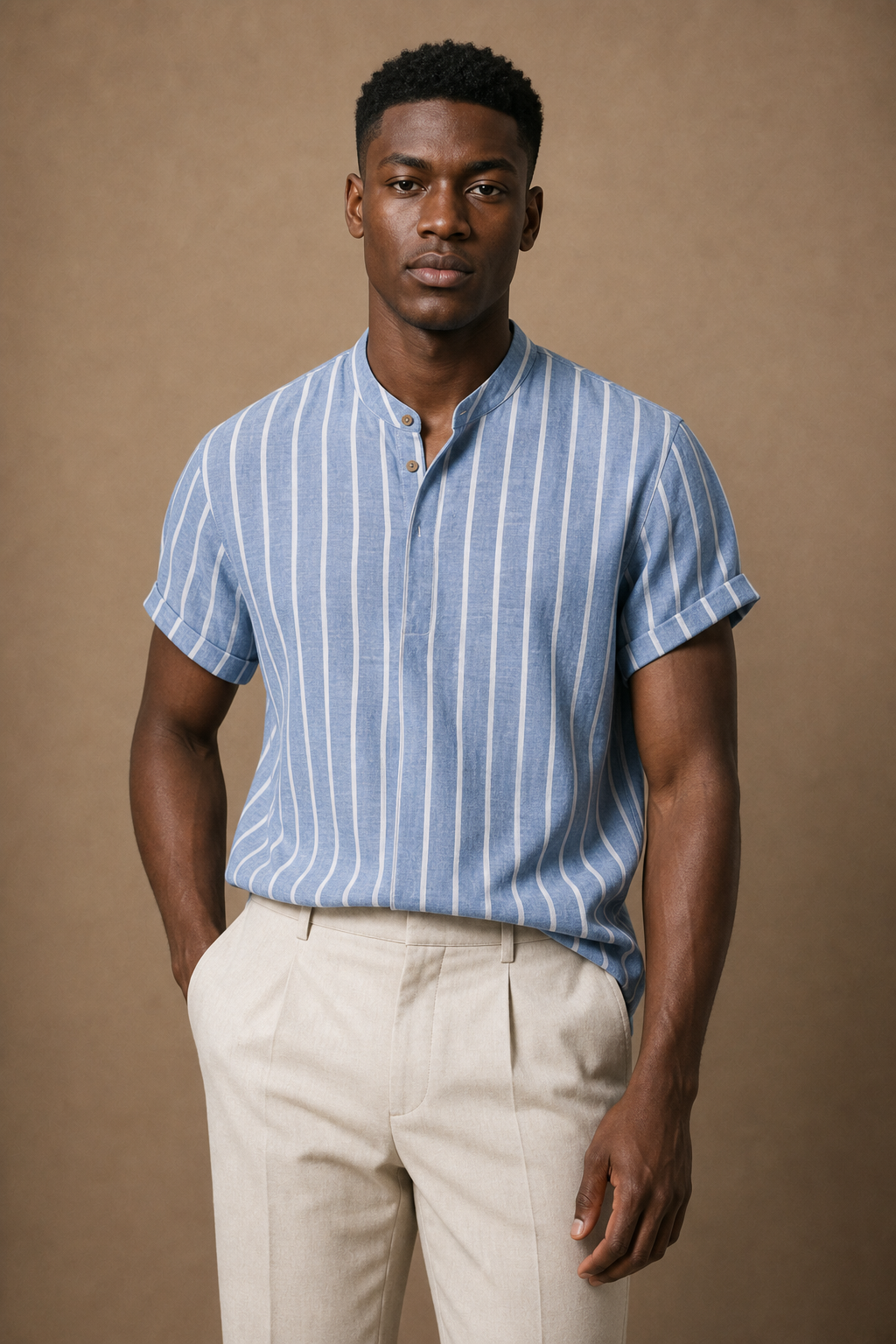 Sanary Shirt in Dusty Blue with White Stripes on model - front pose