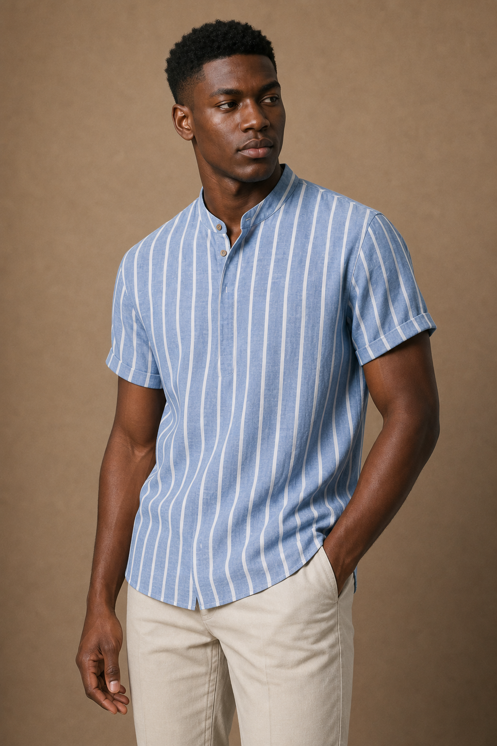 Sanary Shirt in Dusty Blue with White Stripes on model - alternate pose