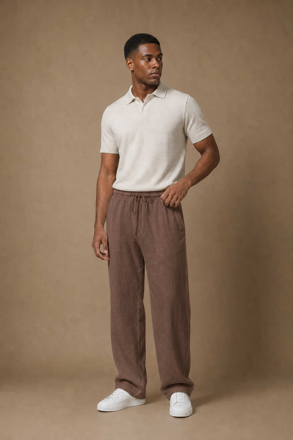 Sardegna Linen Trousers in Chocolate on model - front pose