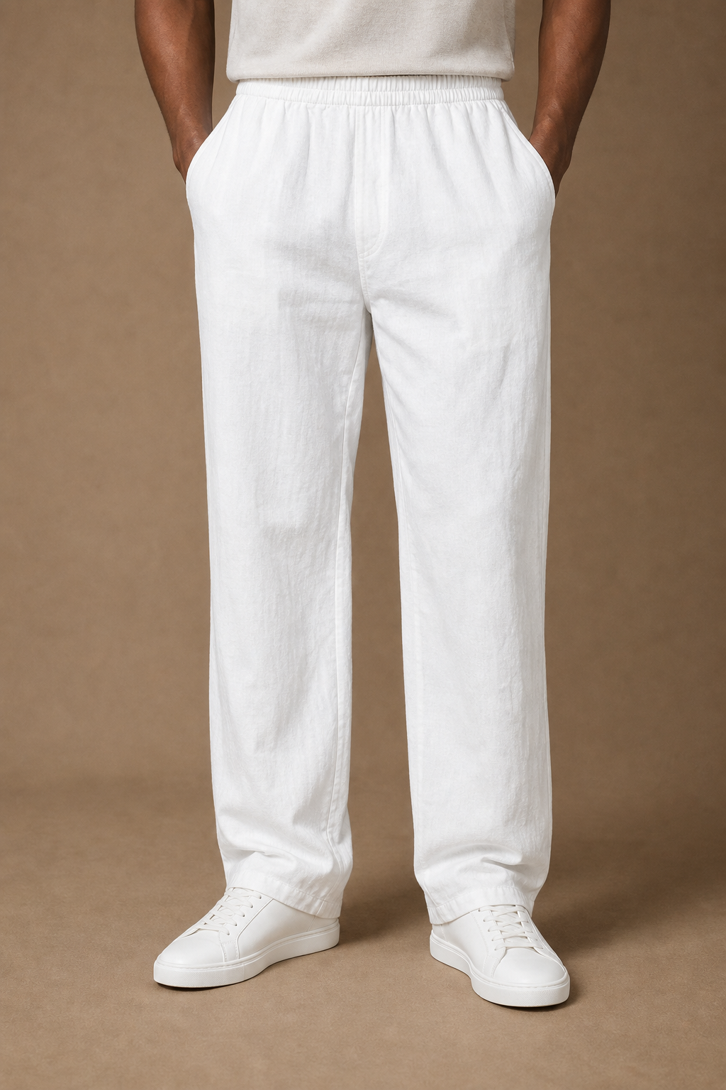 Sardegna Linen Trousers in White on model - alternate pose
