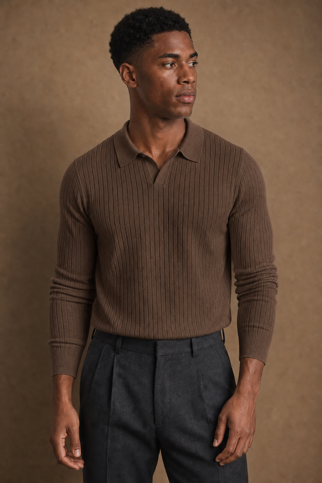 Slim-Fit Ribbed Long-Sleeve Polo in Brown on model — front pose