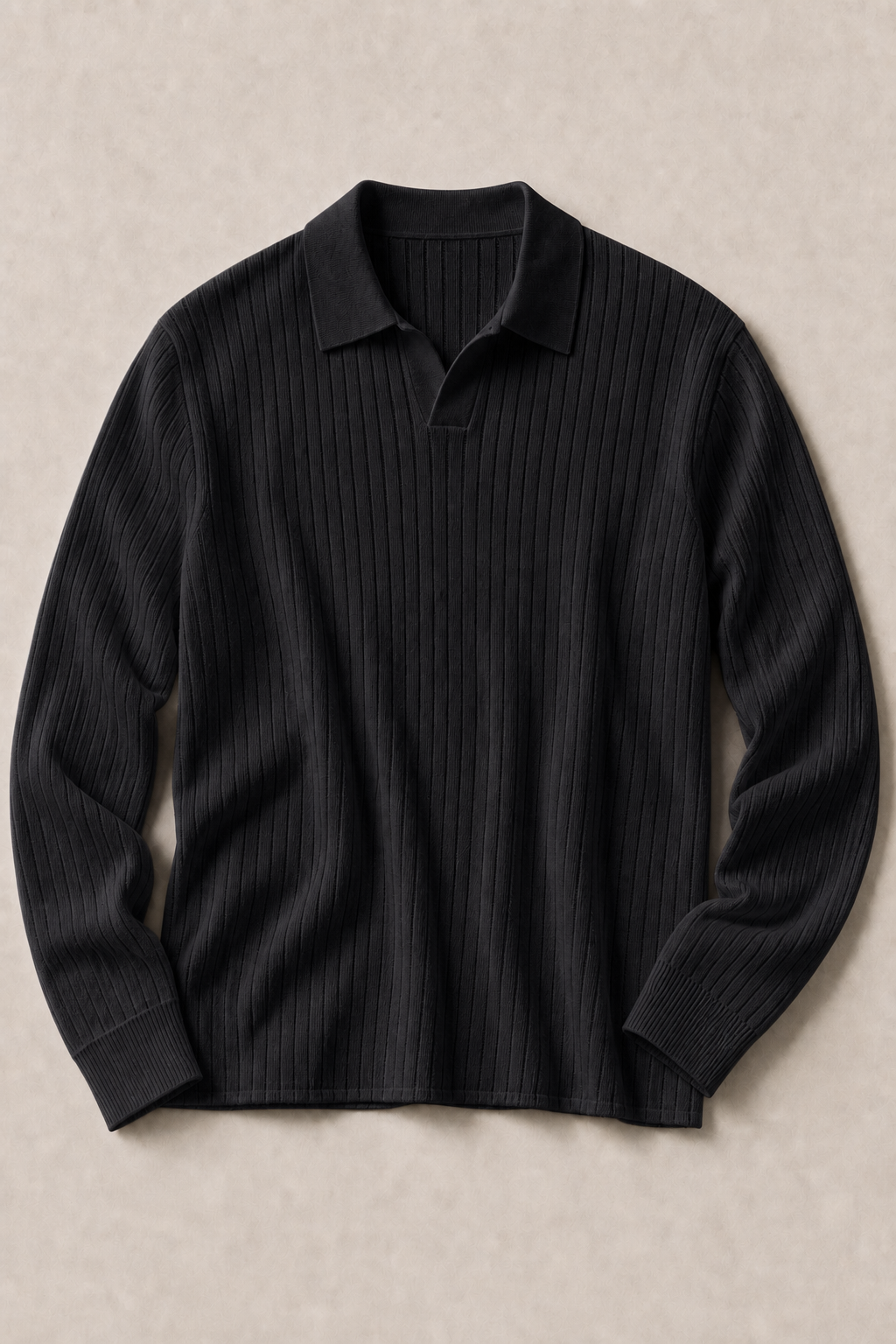 Slim-Fit Ribbed Long-Sleeve Polo in Charcoal — front view