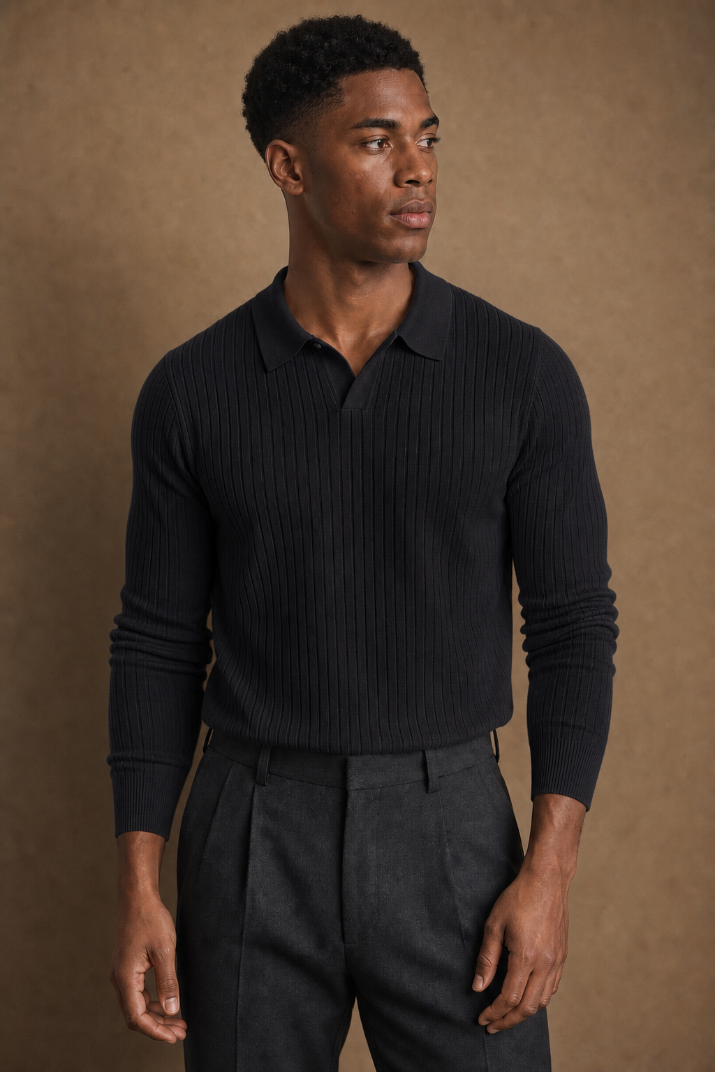 Slim-Fit Ribbed Long-Sleeve Polo in Charcoal on model — front pose