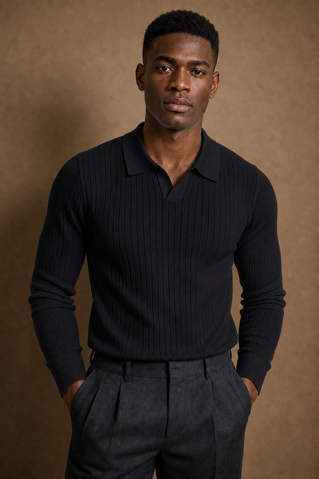 Slim-Fit Ribbed Long-Sleeve Polo in Charcoal on model — alternate pose