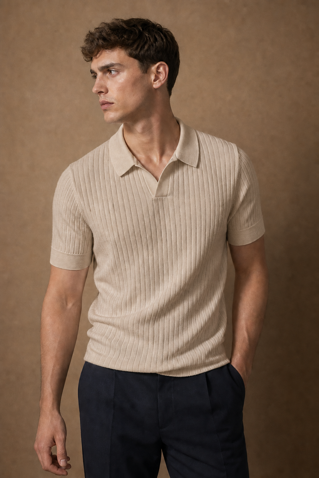 Slim-Fit Ribbed Polo Shirt in Blush on model — front pose
