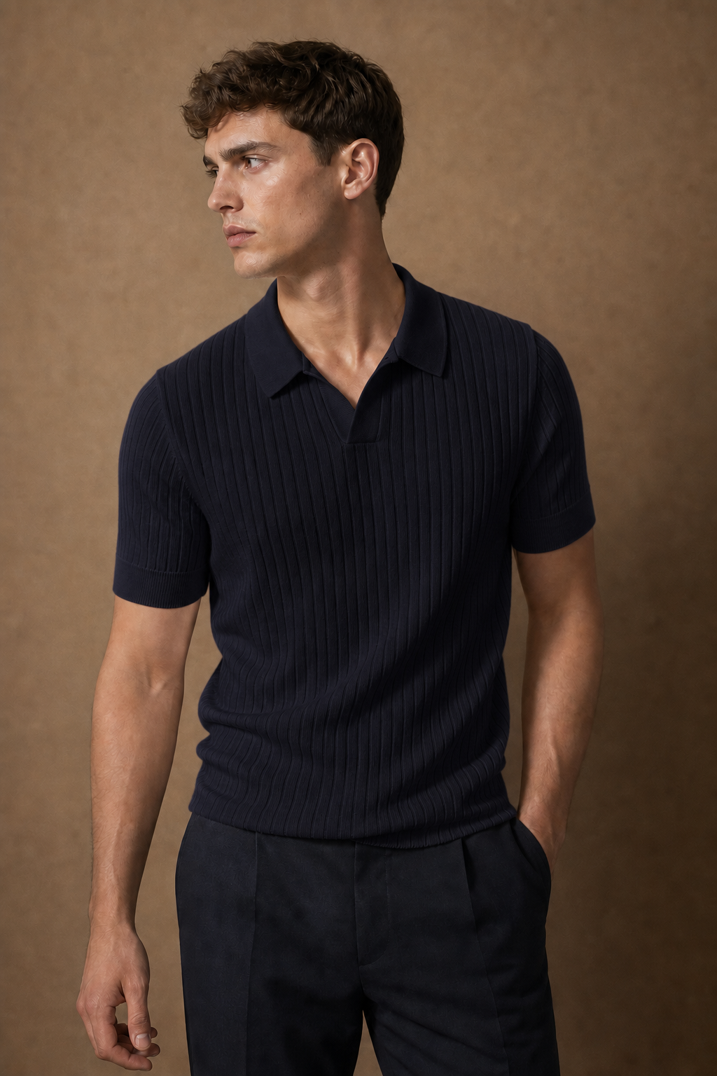 Slim-Fit Ribbed Polo Shirt in Navy on model — front pose