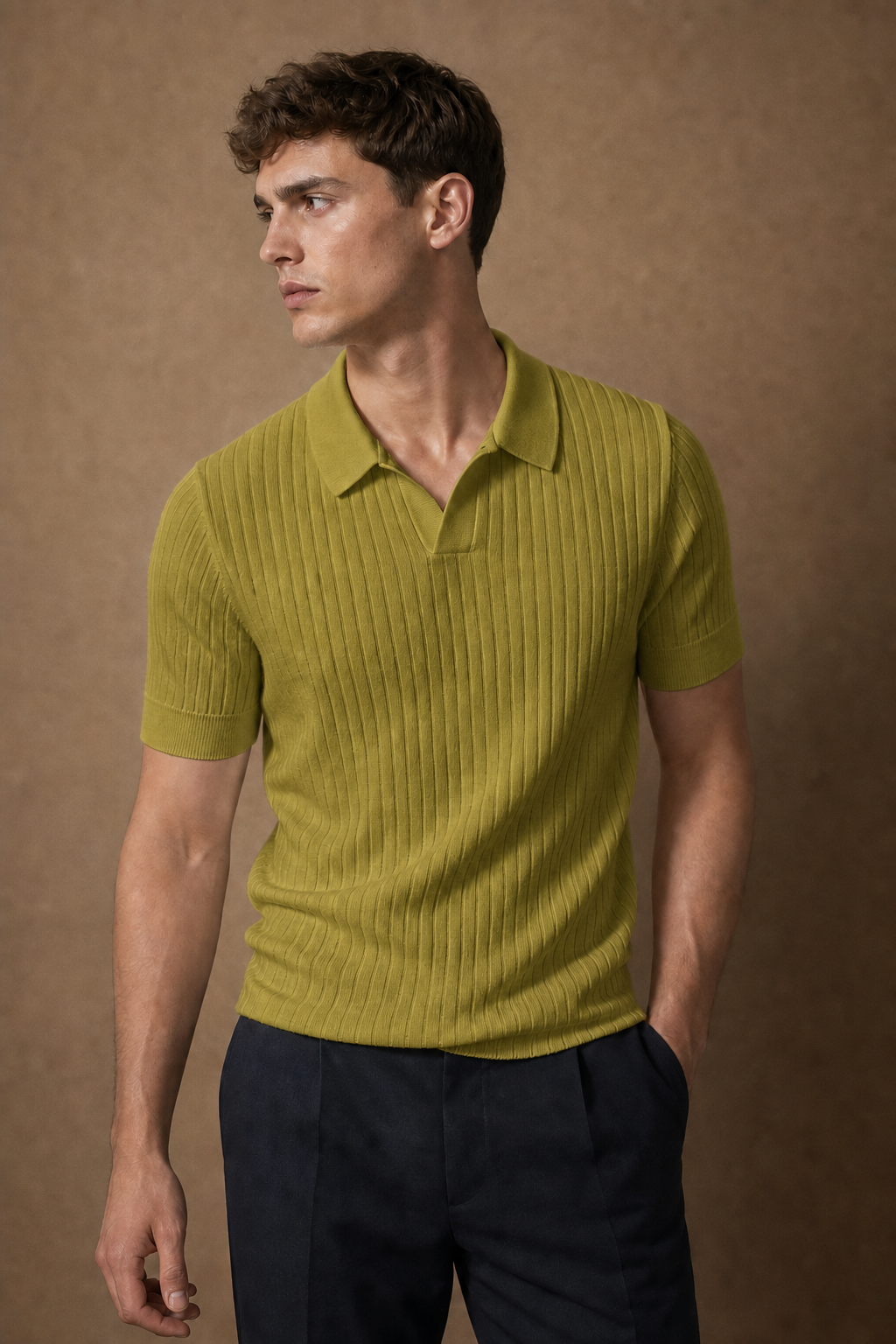 Slim-Fit Ribbed Polo Shirt in Olive on model — front pose