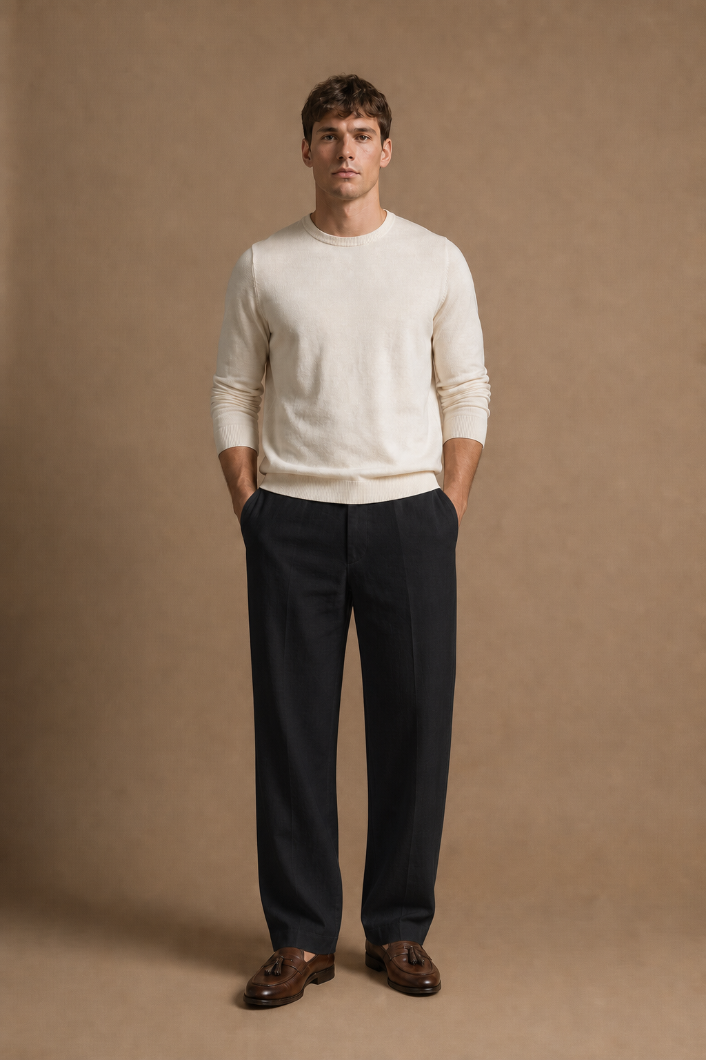 Soave Linen Trousers in Black on model - front pose