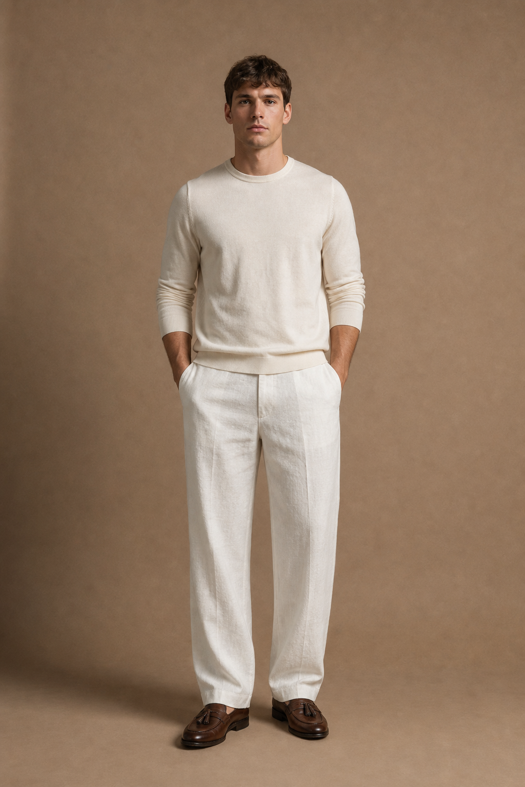 Soave Linen Trousers in Cream on model - front pose