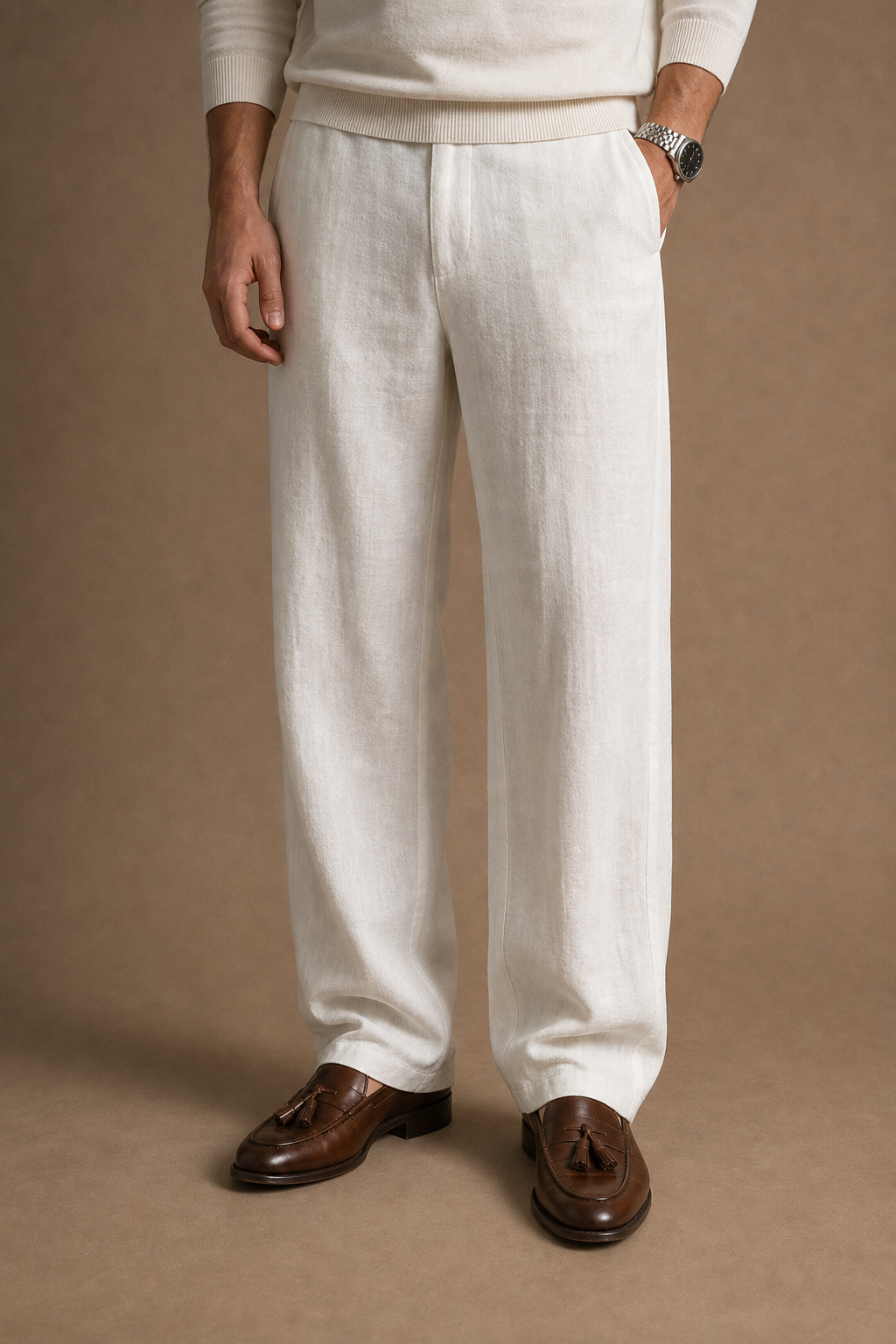 Soave Linen Trousers in Cream on model - alternate pose