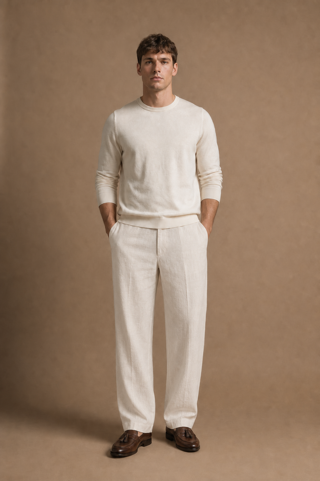 Soave Linen Trousers in Oatmeal on model - front pose