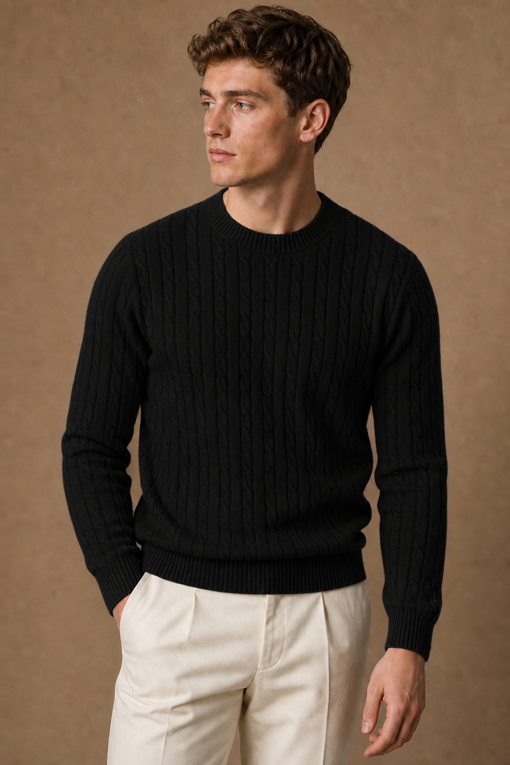 Sorrento Cable Sweater in Black on model - front pose