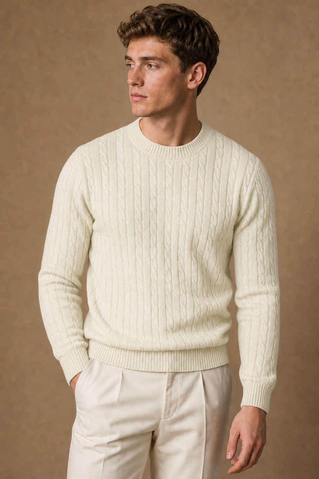 Sorrento Cable Sweater in Cream on model - front pose