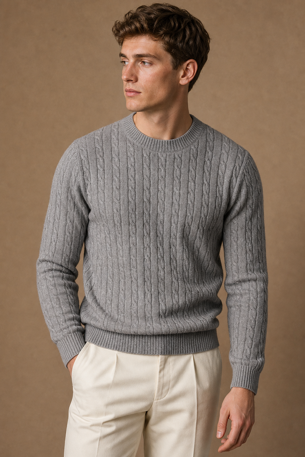Sorrento Cable Sweater in Grey on model - front pose