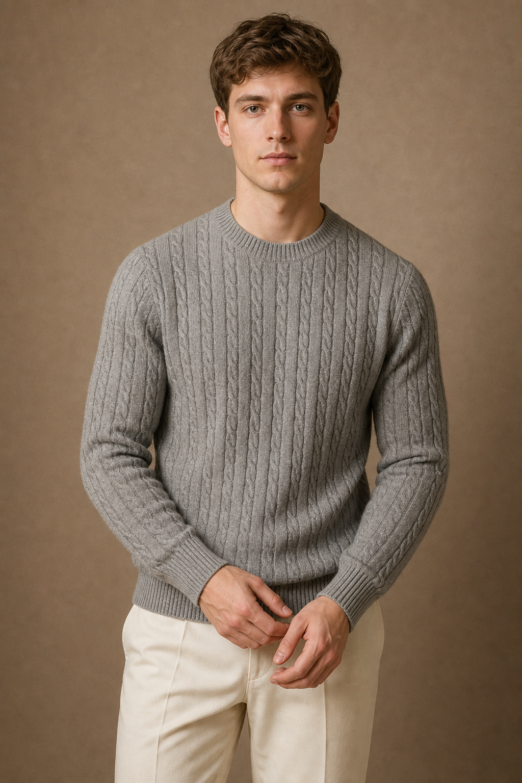 Sorrento Cable Sweater in Grey on model - alternate pose