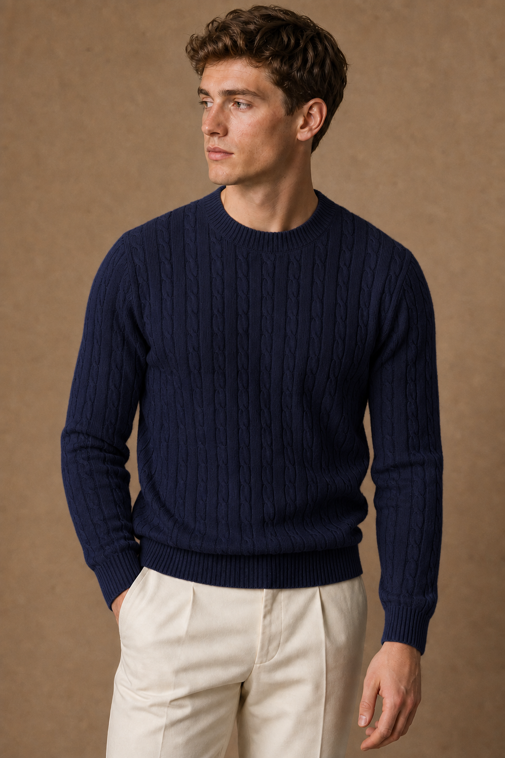 Sorrento Cable Sweater in Navy on model - front pose