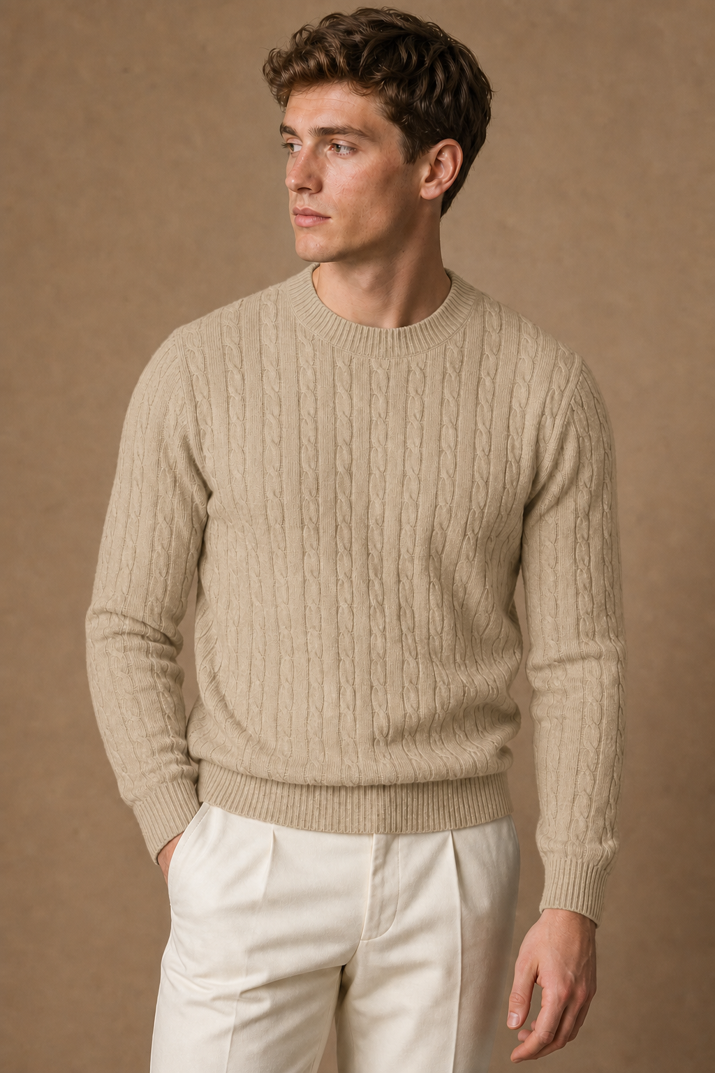 Sorrento Cable Sweater in Sand on model - front pose