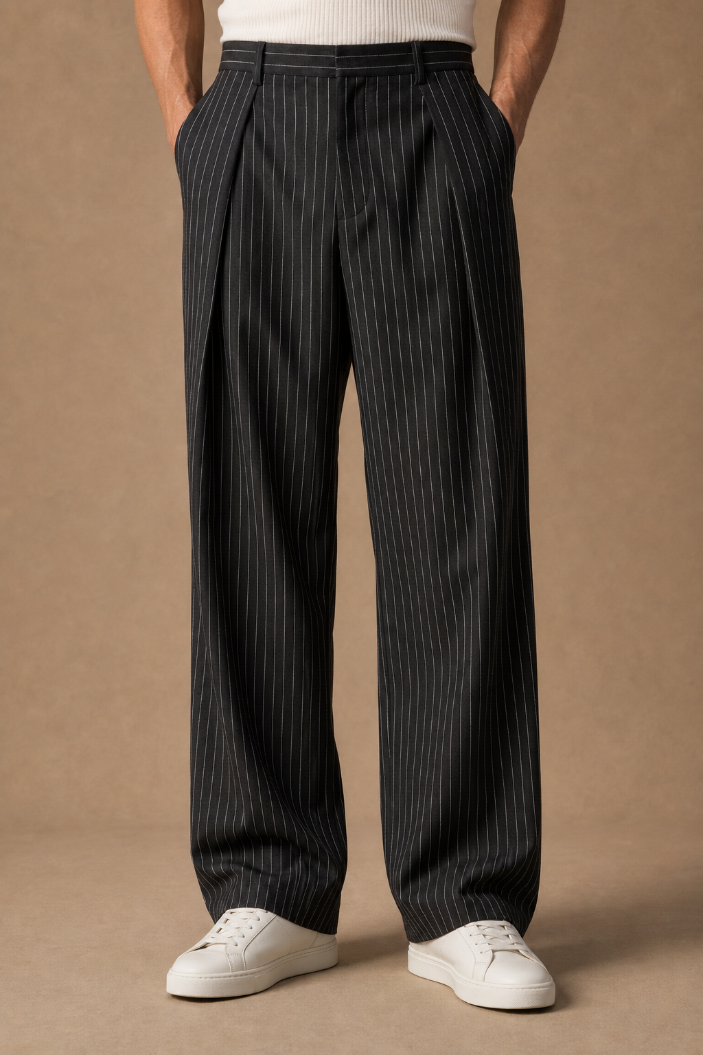 Stromboli Pinstripe Trousers in Charcoal with White Pinstripes on model - alternate pose
