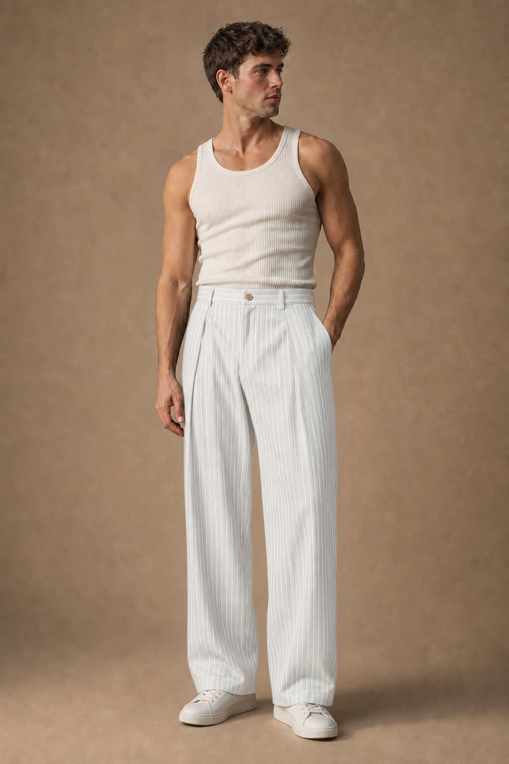 Stromboli Pinstripe Trousers in Light Grey with White Pinstripes on model - front pose