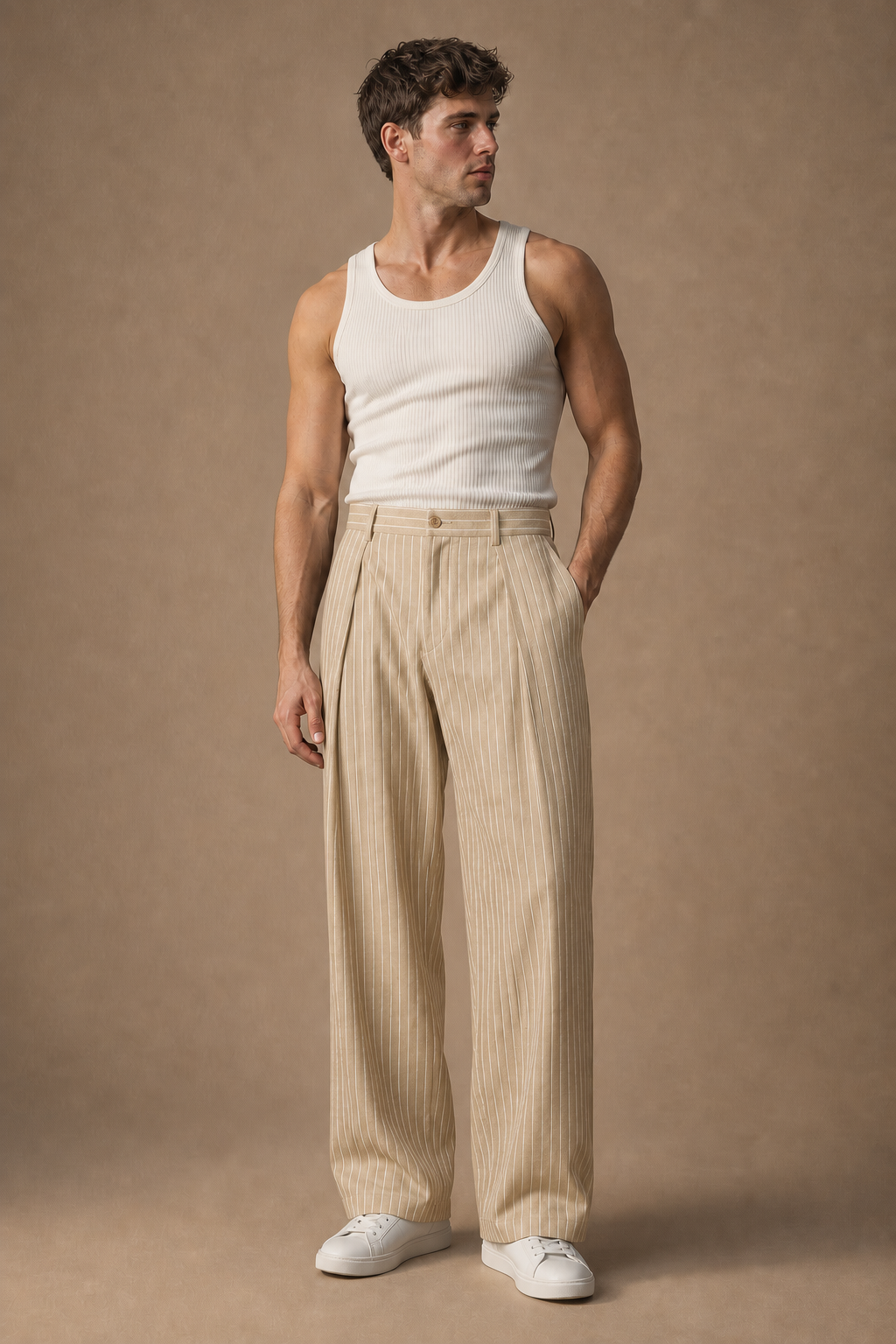 Stromboli Pinstripe Trousers in Sand with White Pinstripes on model - front pose