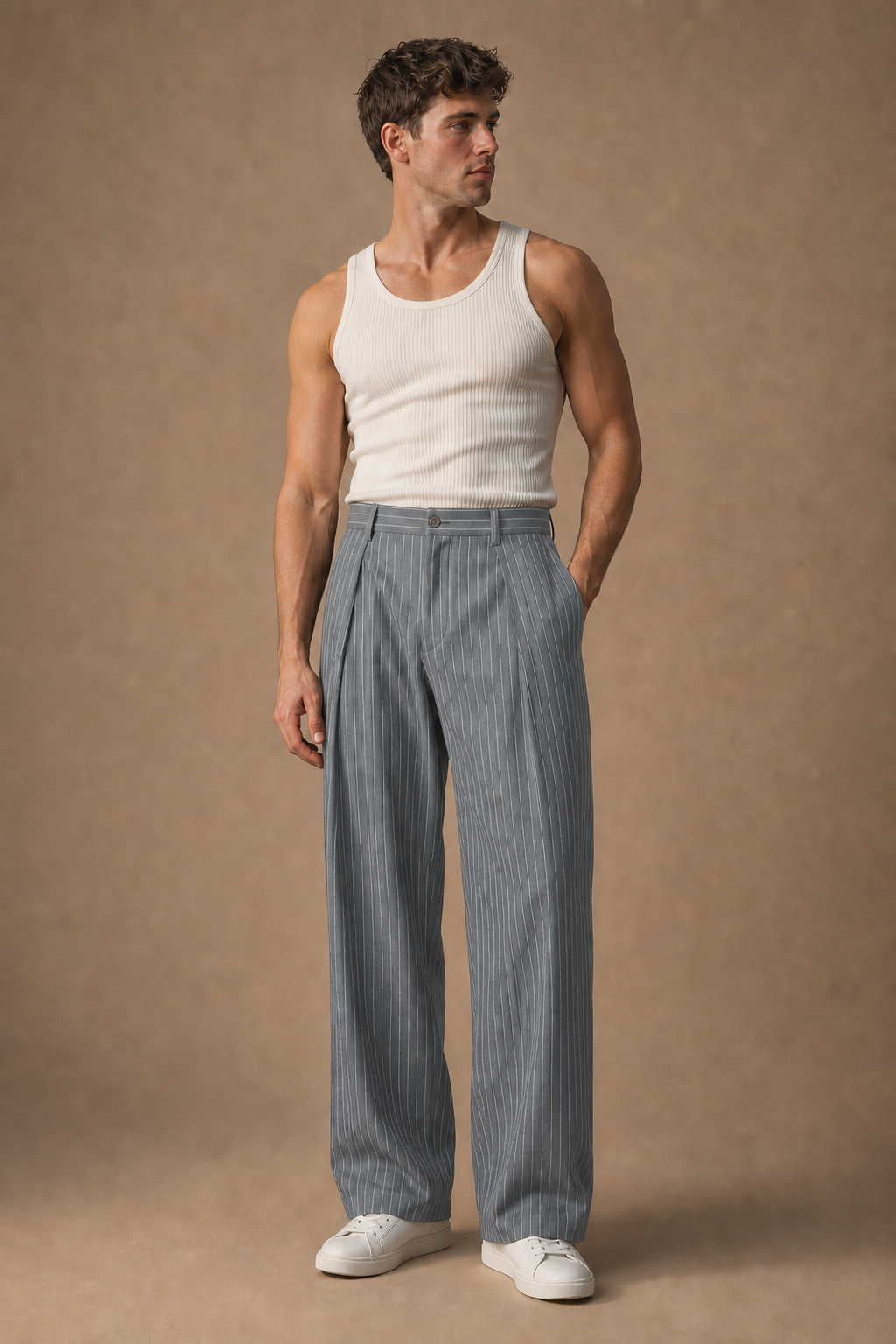 Stromboli Pinstripe Trousers in Slate Blue with White Pinstripes on model - front pose