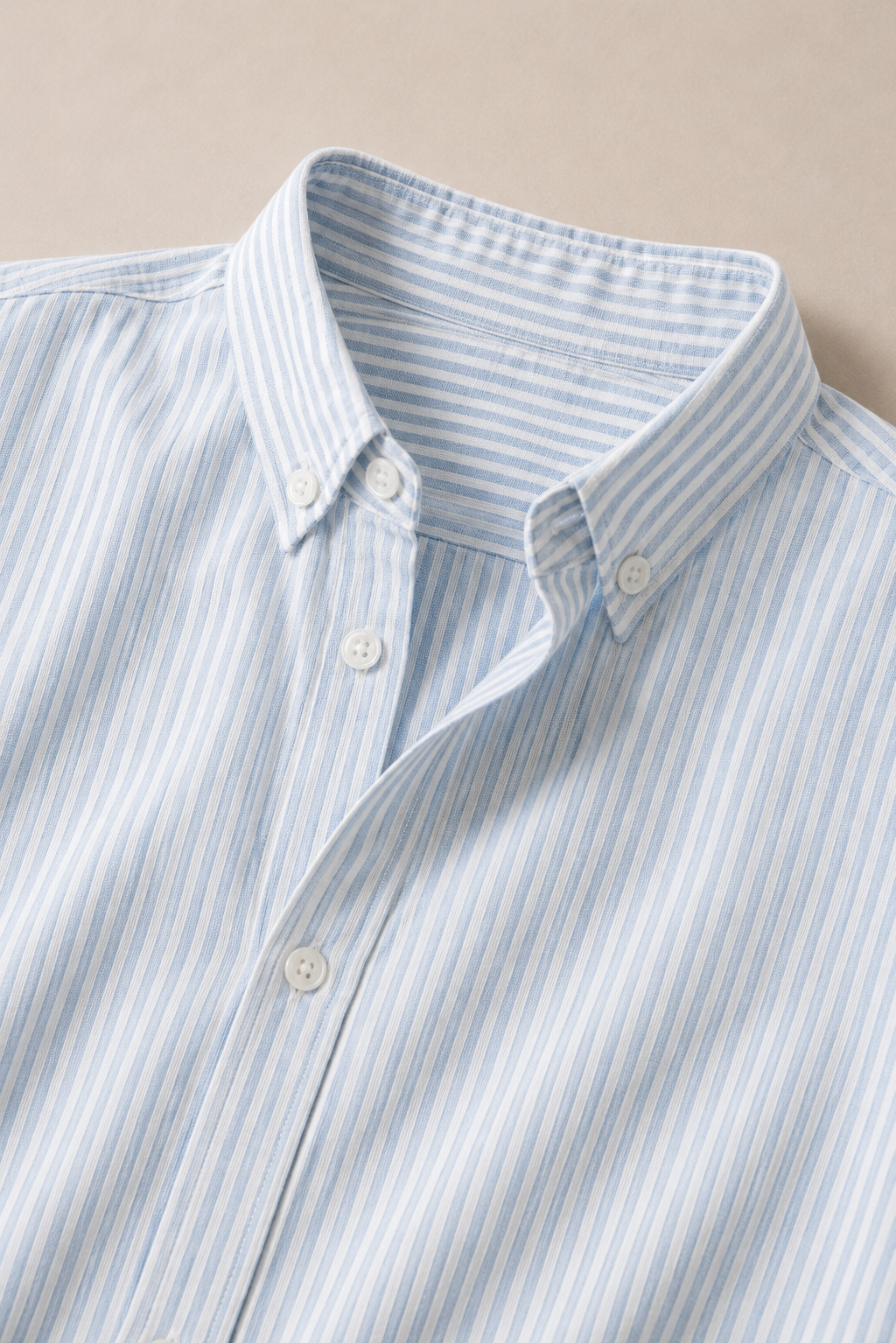 Tabarca Striped Linen Shirt in White with Light Blue Stripes - fabric detail