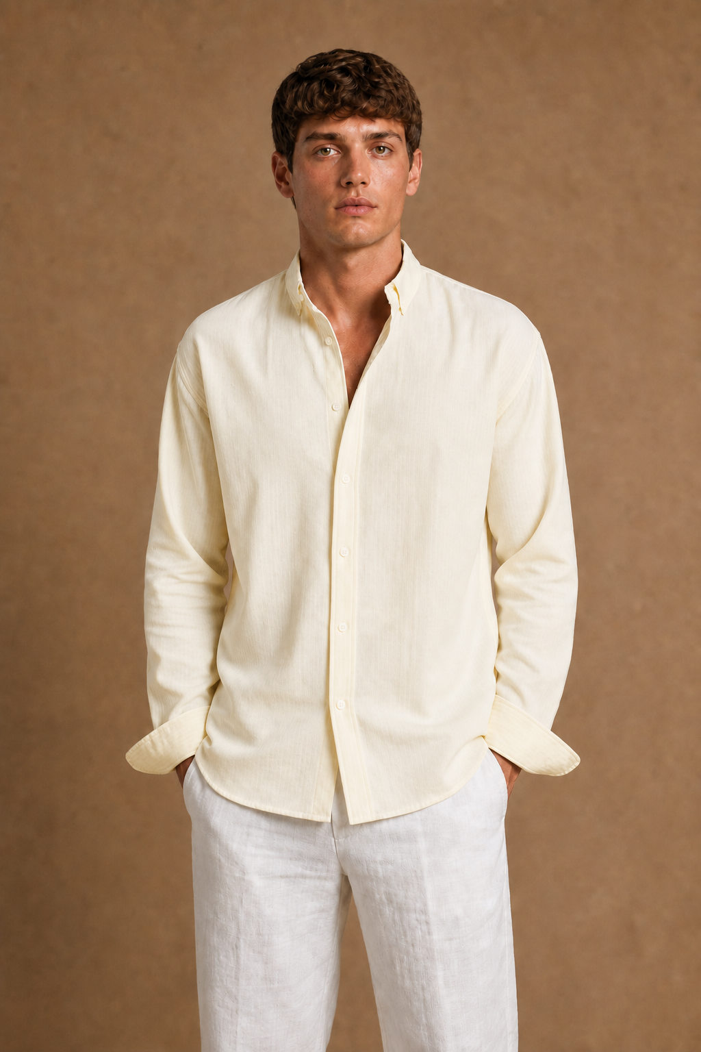 Tabarca Striped Linen Shirt in Pale Yellow with White Stripes on model - front pose